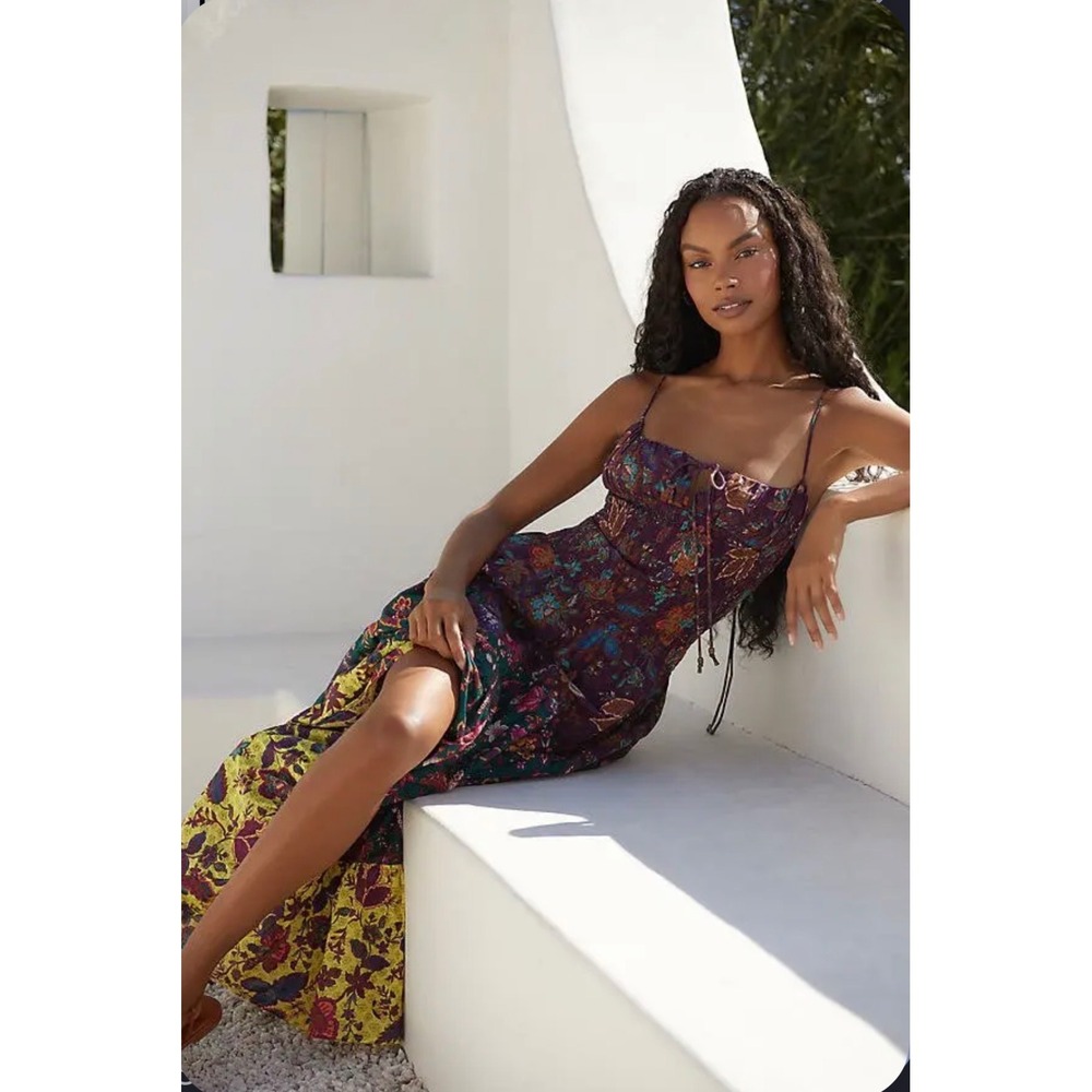 Anthropologie Purple Floral Smocked Tiered Cotton Maxi Dress Small Boho